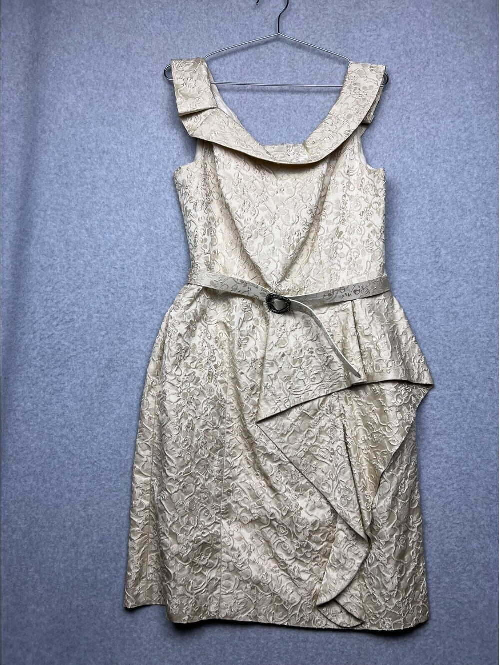 Teri Jon Rickie Freeman Silk Jacquard Dress 14 Champagne Cocktail Wedding Guest